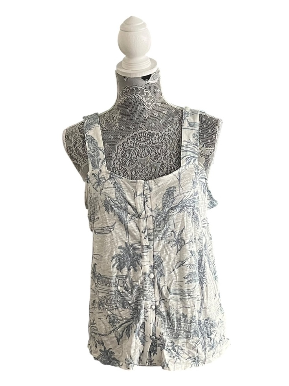Joie Blue White Tropical Toile Linen Blend Ruffle Tank Top Size M